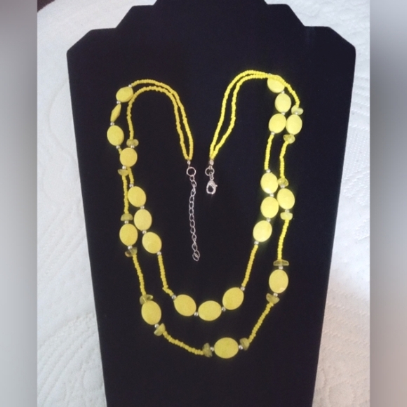 Fashion Necklace Yellow & Silver Beads w 2.5" Extension Chain 2 Stranded 22 Inch - Picture 4 of 5